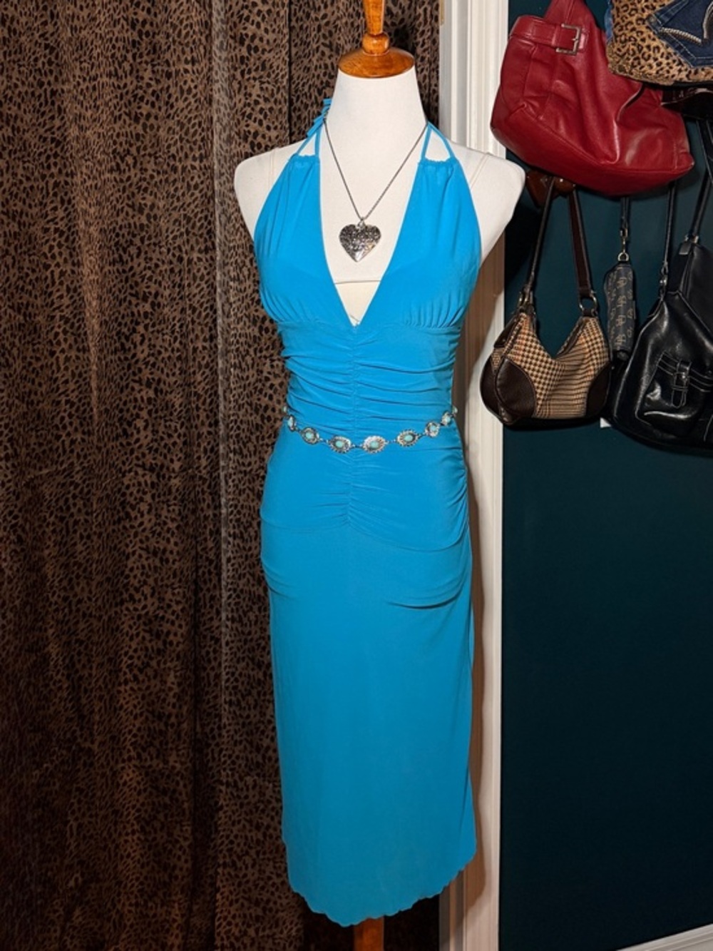 Lipstick Boutique Blue Backless Halter Ruched Midi Dress